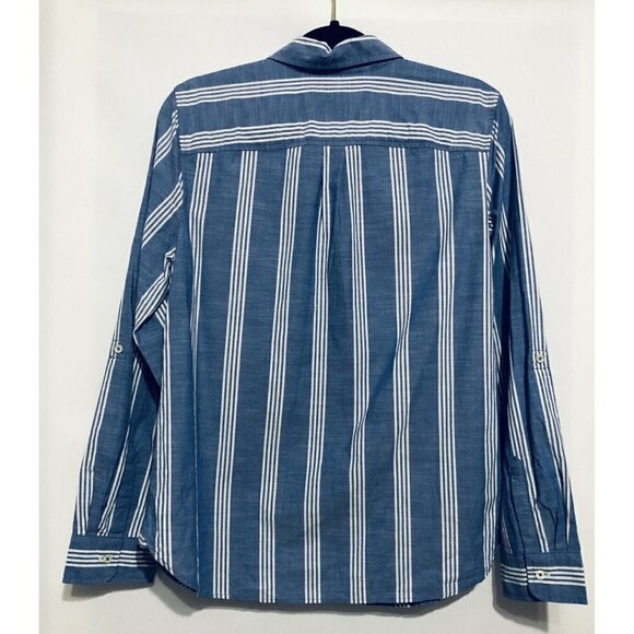 Talbots Top Womens Size 10 Blue White Striped Button Up Roll Tab Sleeves - Picture 2 of 6